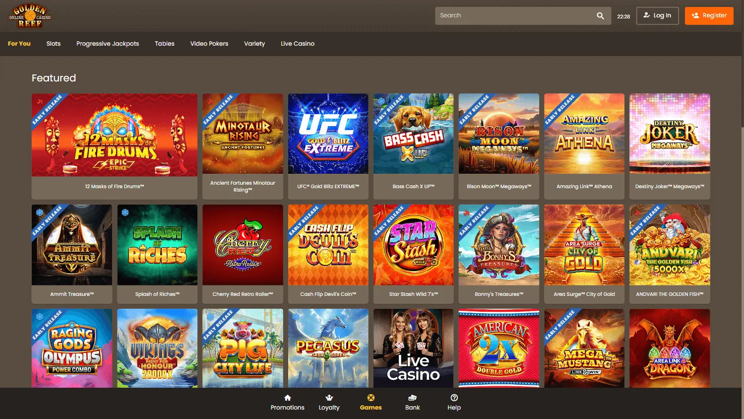Reef 33 Casino games on desktop