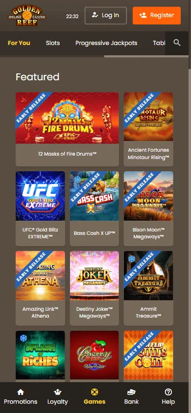 Reef 33 Casino games on mobile